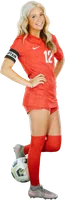 Shiah Webber with hands on hips and her foot resting on a soccer ball