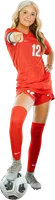 Shiah Webber pointing toward the camera with a foot on the ball